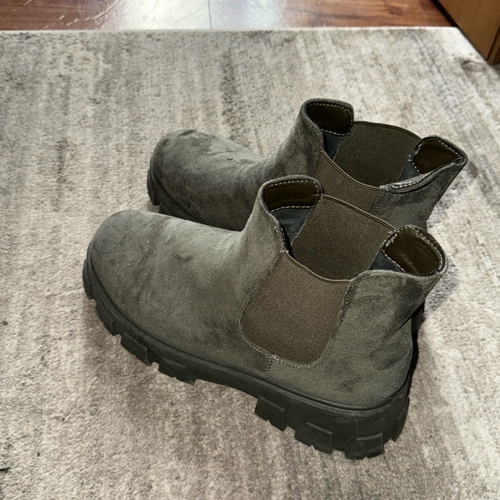 Faux suede olive green boots, size 11